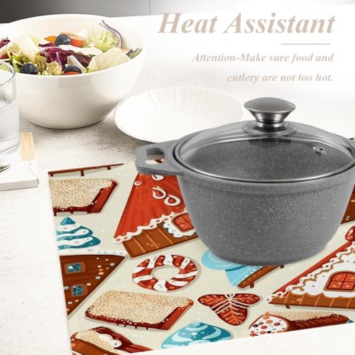 Shrahala Christmas Gingerbread Houses Set of 8 12 X 18 Inch Linen Placemats, Christmas Dessert Candy Tree Burlap Table Mat Washable Double Layered Heat Insulation for Indoor