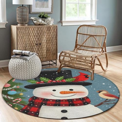Men's Large Home Decor Mat, Soft Round Yoga Carpet, Non Slip Machine Washable Home Office Circle Rug Christmas Snowman Red Birds