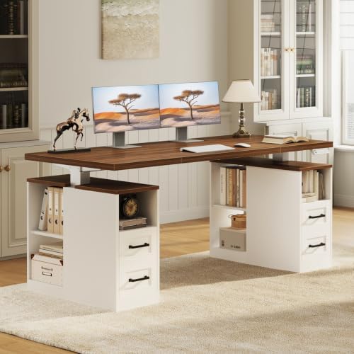 OffiGo 55 Inch Farmhouse Standing Desk with Storage Drawers, Walnut White