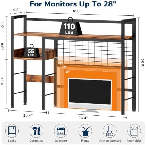 Desk Shelf, 38.6" Desk Hutch with Pegboard Hooks Set, Rustic Brown