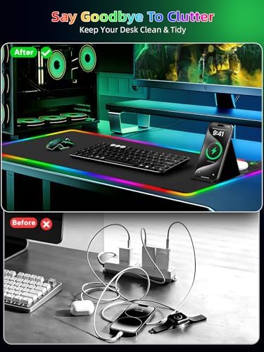 Mouse Pad with Foldable Phone Holder & Wireless Charger, XXL RGB Gaming Mousepad 31.5"x15.8" Large Desk Mat for Keyboard, Black Desk Pad with Dual Qi Charging Station | 11 Colors 5 Modes | Waterproof