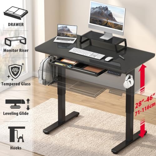 SHW 48-Inch Glass Electric Height Adjustable Standing Desk, Black