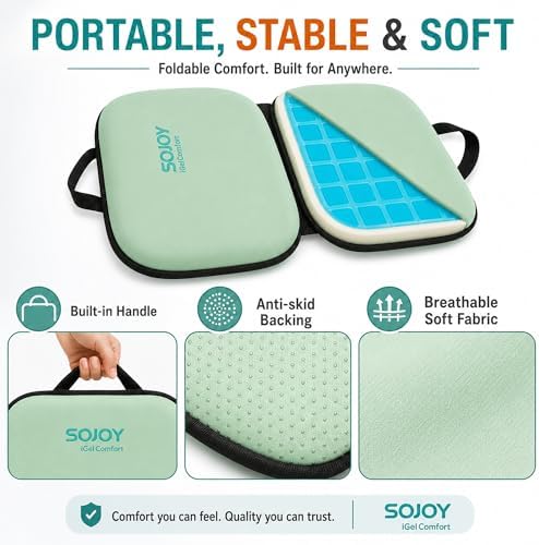 Sojoy 3-in-1 Foldable Gel Seat Cushion with Memory Foam Ergonomic Portable Cushion for Back Pain & Tailbone Relief - Perfect for Office Chair, Airplane Travel & Stadium Seats (18.5" x 15" x 2" Green)