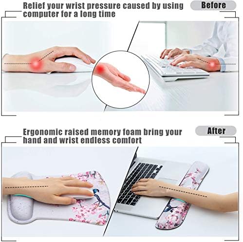 Ergonomic Keyboard Mouse Pad Set with Wrist Rest Support, Memory Foam Hand Rest Wrist Cushion Set for Laptop/Notebook/Desktop/Computer/Gaming/Office/Desk, Easy Typing & Pain Relief(Bird & Pink Flower)