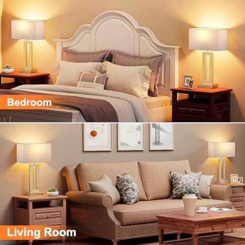 Seealle Nightstand Table Lamps for Bedrooms Set of 2 - Touch Bedside Lamp with USB C+A, 3 Way Dimmable Living Room Lamps for End Tables Set of 2(White&Gold)