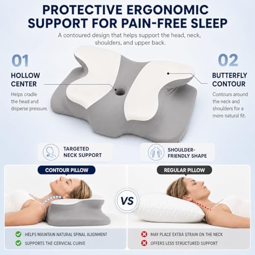 Ergonomic Cervical Memory Foam Pillow for Neck and Shoulder Support, Contour Butterfly Bed Pillow with Breathable Cover, Neck Support Pillow for Side Back and Stomach Sleepers (ELOVNOVA-Gray)
