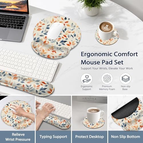 Ergonomic Keyboard and Mouse Wrist Rest Set, Autumn Leaves Mouse Pad with Non Slip Base, Soft Cloth Surface for Office and Home Typing Support