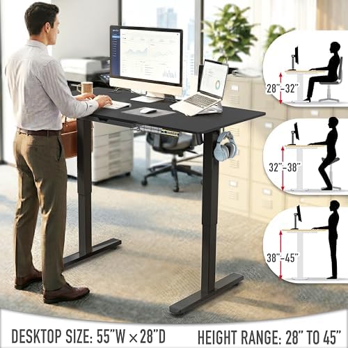 SHW 55 x 28 Electric Height Adjustable Standing Desk w/Drawer, Black