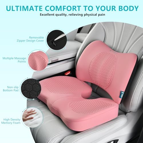 FLORICH Car Seat Cushion and Back Support for Office Chair Memory Foam Chair Cushions Pressure Relief Seat Pads with Gel Massage Point Lumbar Support Relief Sciatica & Tailbone (Pink)