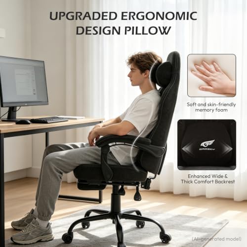 Ergonomic Gaming Chair for Adults - Comfortable Office Computer Chair with 20.5” Wide Seat, Adjustable Video Game Chair with Footrest and Lumbar Support for Home Office, Black