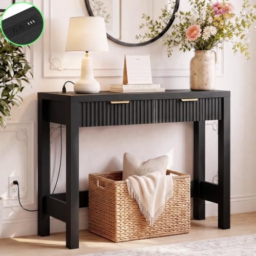 Cyclysio 32" Small Console Table with Charging Station & 2 Fluted Drawers