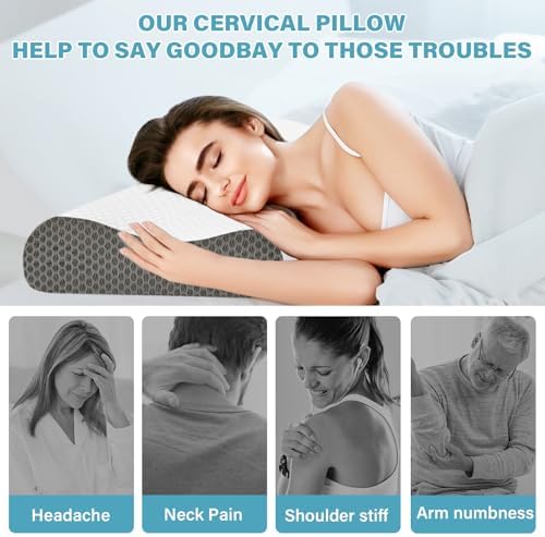 Cooling Pillows Queen Size Set of 2, Memory Foam Bed Pillows for Sleeping, Ergonomic Cervical Pillow for Neck and Shoulder Pain Relief, with Pillowcase（Grey）
