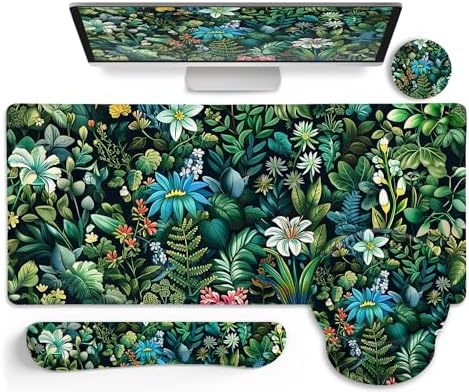 LIMKRIAN Floral Large Desk Mat Set, Green Mouse Pad with Wrist Rest