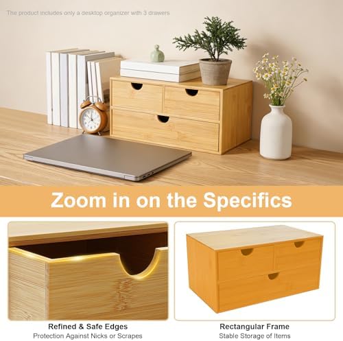 3 Drawers Bamboo Desk Organizer, Tabletop Storage Organization Multifunctional Desktop Organizer Office Wooden Drawer Mini Wood Desk Drawers Organizers for Home Office No Assembly Required