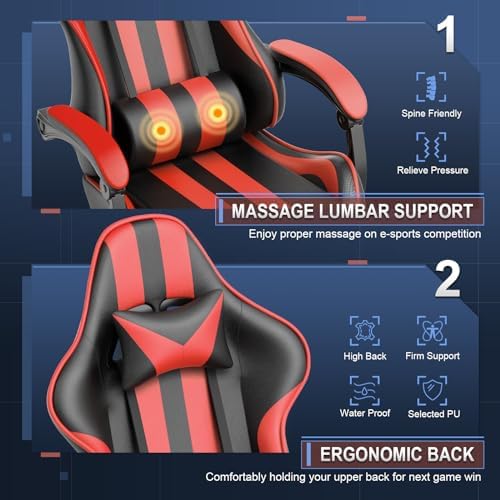 Huracan Gaming Chair with Footrest, Adjustable Ergonomic Computer Office Chair with Lumba Pillow, Video Game Computer Chairs for Adults, Racing Style Reclining Backrest Office Desk Chairs, Red