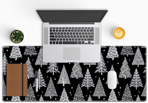Gaming Large Mouse Pad with Stitched Edges, Christmas Tree Black White Leaf Circle Polka Dot Desk Mat, Extended Keyboard Pad, Non-Slip Rubber Base Desk Pad for Keyboard and Mouse, 31.5X11.8 inch
