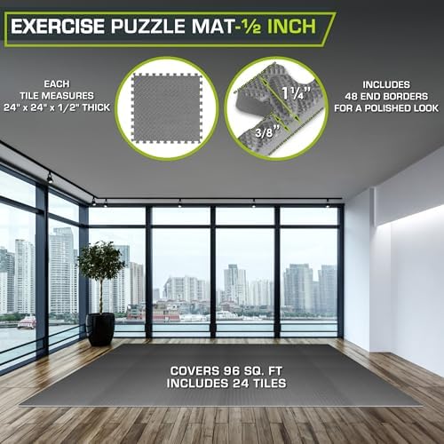 ProsourceFit Exercise Puzzle Mat 1/2-inch, EVA Interlocking Foam Floor Tiles for Home Gym, Workout Equipment, Kids Play Areas, Gray, 96 SQ FT - 24 Tiles