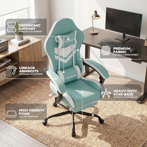 Gaming Chair with Footrest & Massage Lumbar Support, PU Leather Ergonomic High Back Swivel Height Adjustable Chair for Adults, Office Gaming, 300 lbs (Green White)