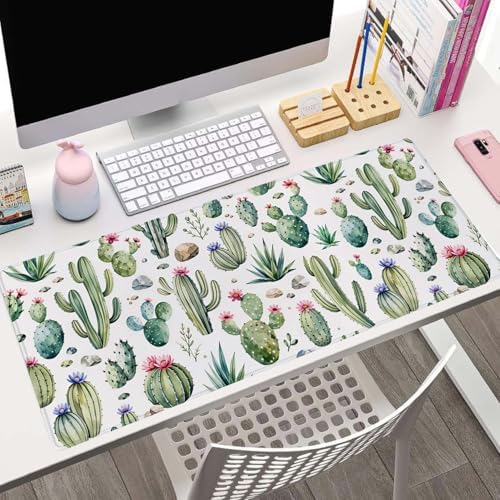 Large Gaming Mouse Pad with Stitched Edges, Desk Pad Extended Keyboard Mat, Non-Slip Rubber Base Mousepads for Laptop, Office, Home, 31.5X11.8 inch Watercolor Cactus and Flowers
