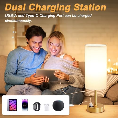 Touch Bedside Lamps for Nightstand - 14" Gold Desk Lamp with USB Ports