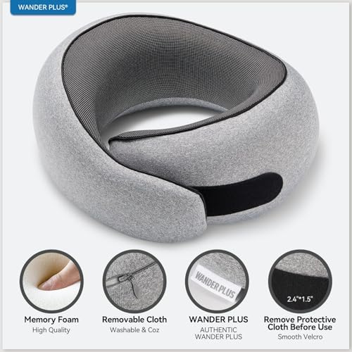 WANDER+® Travel Neck Pillow, Memory Foam Neck Pillow for Airplanes, Comfortable Breathable Cover, 360 Degree Support Ergonomic Design Best for Sleeping Plane Train Travel Essentials Max Blue