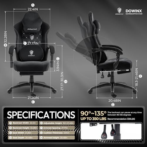 Dowinx Gaming Chair with Heated Massage Lumbar Support,Big and Tall Fabric Gaming Chairs for Adults with Footrest, Ergonomic Computer Game Chair with Poket Spring Cushions, 350lbs, Black and White