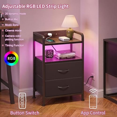 Fixwal Black Led Nightstand, Rear Charging Station, 2 Fabric Drawers