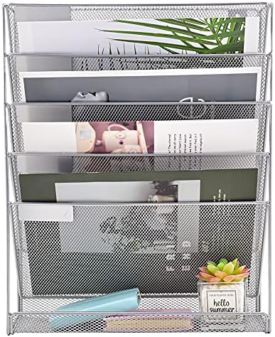 EASEPRES Desk File Organizer Mesh 6-Tier, Hanging Wall Mount Document Organization Stand, Desktop Vertical Mail Paper Folder Holder Rack with Bottom Tray for Office Home Cubicle Countertop, Silver