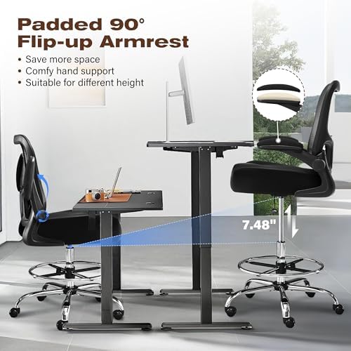 400LBS Drafting Chair, Tall Office Chair with Adjustable Lumbar Support&Footrest Ring, Comfy Extra Deep W-Shape Thicken Cushion, Breathable Mesh Standing High Desk Chair with Padded Flip-up Armrests