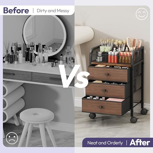 SWTYMIKI Rolling Makeup Organizer Cart - 14.96″*11.81″*23.03″ Widened Under Desk Vanity Storage with 3 Non-woven Drawers, Cosmetic Display Cases for Skin Care Perfume Nail Polish Brush Hair Tool Black