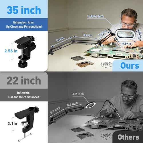 HITTI 12X Square Ultra Long Magnifying Glass with Light and Clamp