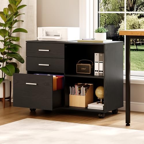 VINGLI 3 Drawer Wood Lateral File Cabinet with Adjustable Shelves & Locking Wheels, Printer Stand with Drawers for Letter Size Files, Sturdy Black File Cabinets for Home Office, Study & Business
