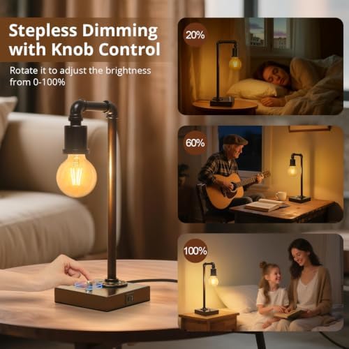 Industrial Table Lamp with Water Pipe Design, Fully Dimmable Bedside Lamp