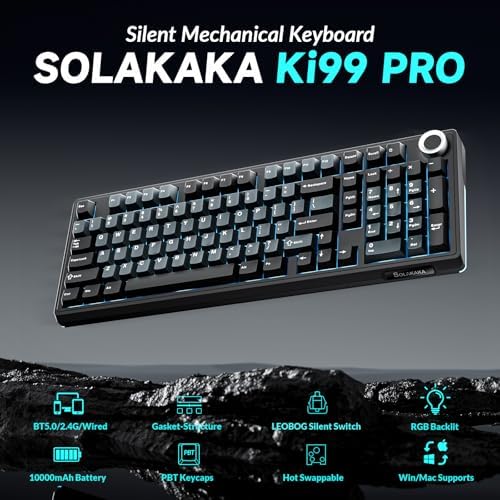 SOLAKAKA KI99 Pro Wireless Mechanical Keyboard with Quiet Switch, Hot Swappable Pre-Lubed Switches with RGB Backlit, Gasket Structure Computer Gaming Keyboard (BlackBlue, Silent Switch)