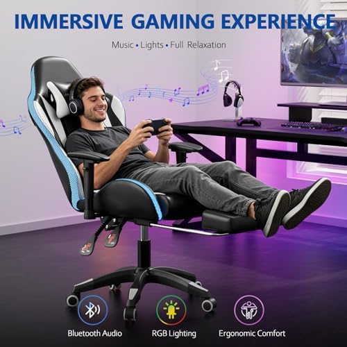 Mr IRONSTONE RGB Gaming Chair with Bluetooth Speakers, Ergonomic Gamer Chair with LED Lights, Vibration Lumbar Support, Footrest and High Back Reclining Design for Adults, Black
