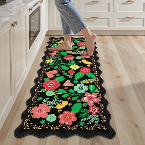 Arenarug Scalloped Black Kitchen Mats for Floor Cushioned Anti Fatigue Kitchen Mats Rugs Waterproof Non Slip Farmhouse Boho Floral Comfort Foam Standing Mat for Sink Laundry, 17.3x47