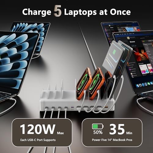 750W Charging Station for Multiple Devices, Zobirez 10-Port Fast Charger, 5 USB-C 120W Each and 5 USB-A 30W Each, Desktop Charging Hub for Laptop Phone Tablet, White