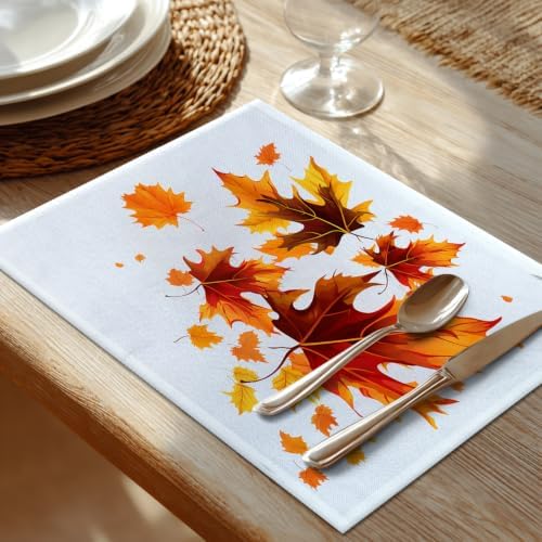 Shrahala Autumn Maple Leaves Set of 6 12 X 18 Inch Linen Placemats, Orange Fall red Leaves Burlap Table Mat Washable Double Layered Heat Insulation for Indoor