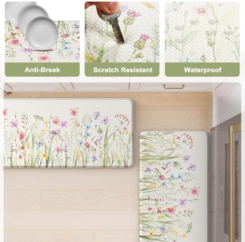 KIMODE Anti Fatigue Kitchen Mats for Floor, Farmhouse Floral Kitchen Rugs