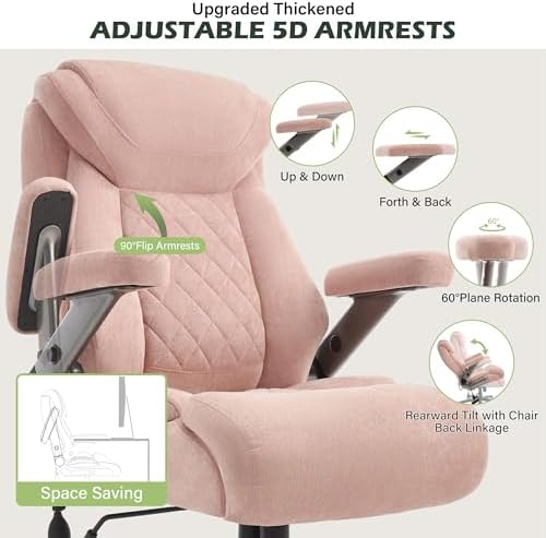 650lbs Big and Tall Office Chair with Thick Spring Cushion,5D Flip Arm Ergonomic Executive Office Chair Adjustable Lumbar Airbag&Extra Wide,Comfy Large Padded Heavy Duty Game Chair,Pinkcloth