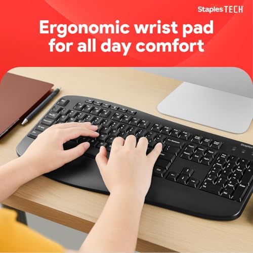 Staples TECH Wireless Comfort Keyboard, Quiet Typing, USB, Black