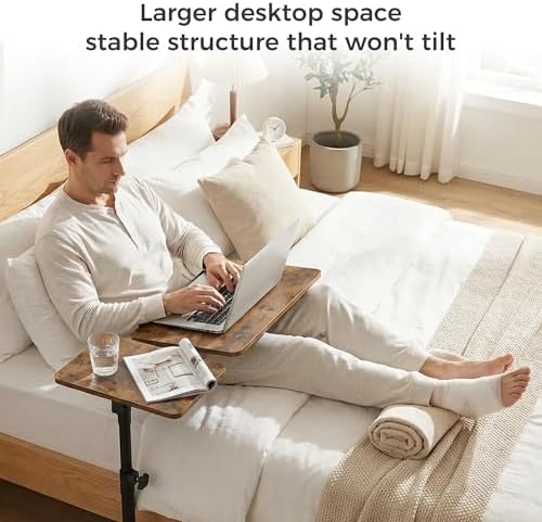 YUHFERA Rolling Table for Laptop Stand, Height and Angle Adjustable Over Bed Table with Wheels, Tilt-Top Laptop Desk for Couch with Cup Holder, Bed Table Tray for Eating (Brown)