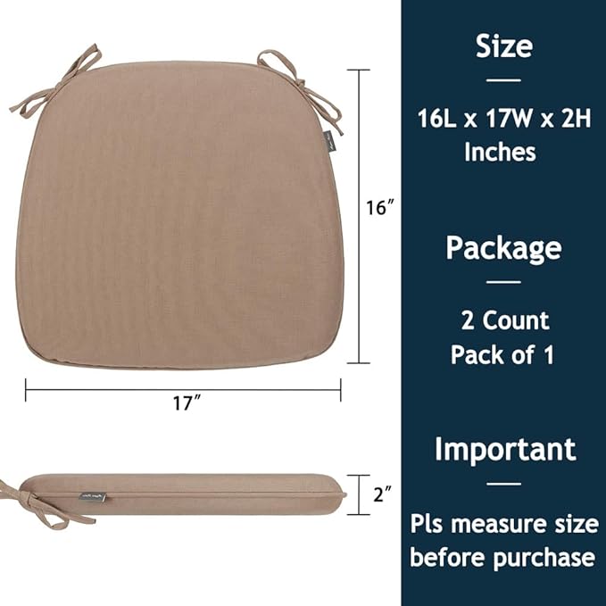Magpie Fabrics 17"x16"x2" U-Shape Chair Cushions with Ties 2 Count, Outdoor Indoor Waterproof All Weather Seat Pads Decoration for Patio Garden Dining Office - Khaki