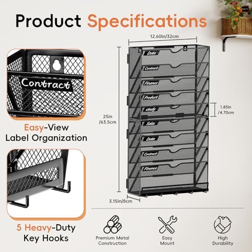 10-Tier Wall File Organizer with Hook, Hanging File Organizer Black