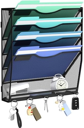 Gawerk 5-Tier Hanging Wall File Organizer with 5 Hooks - Wall Mounted Mail Paper Document Folder Holder, Sturdy Mesh Magazine Rack for Office Home