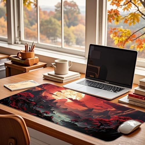 Gaming Mouse Pad 31.5x11.8 inch XL Large Extended Mouse Pad, Big Mousepad Desk Mat for Computer with Non-Slip Rubber Base and Stitched Edge-Red Moon