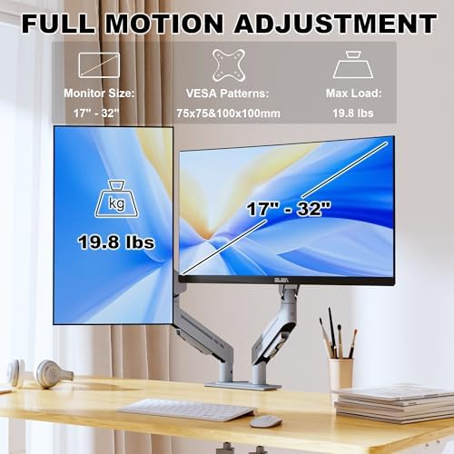 THEARK Dual Monitor Stand for Desk - Dual Monitor Mount for 17-32 Inch Screens,Height Adjustable Dual Monitor Arm Desk Mount with Clamp and Grommet Base,75x75/100x100mm VESA Mount,Max 19.8 lbs,Silver