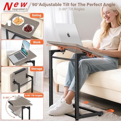 Tv Tray Table, 8-Level Adjustable Height Couch Side Table，90° Tilt Angle Adjustments C-Shaped End Table, with Phone & Tablet Slot Computer Desk for Sofa, Bed, Chair, Living Room（Lvory Gray）