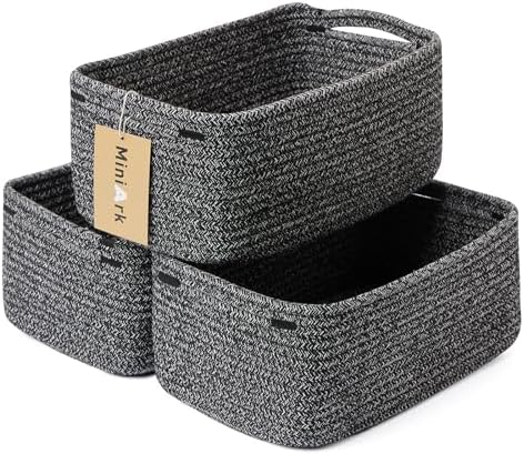 MiniArk Small Storage Baskets for Organizing | Closet Organizer Bins | Shelf Toy Basket | Woven Rope Baskets | Cube Decorative Box | Shallow Basket | 13x8.5x5.1” | 3 Packs Dark Gray