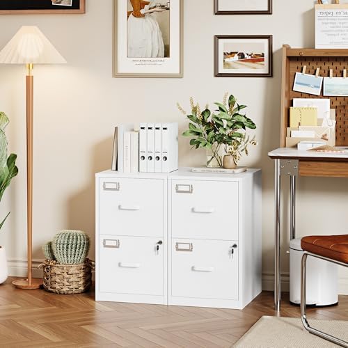 PEUKC 2 Drawer File Cabinet with Lock, 25.4" High Vertical Filing Cabinet, 17.7" Deep Metal Storage Cabinets for Home Office, Letter/Legal/A4/F4 Size, White(Assemble Required)